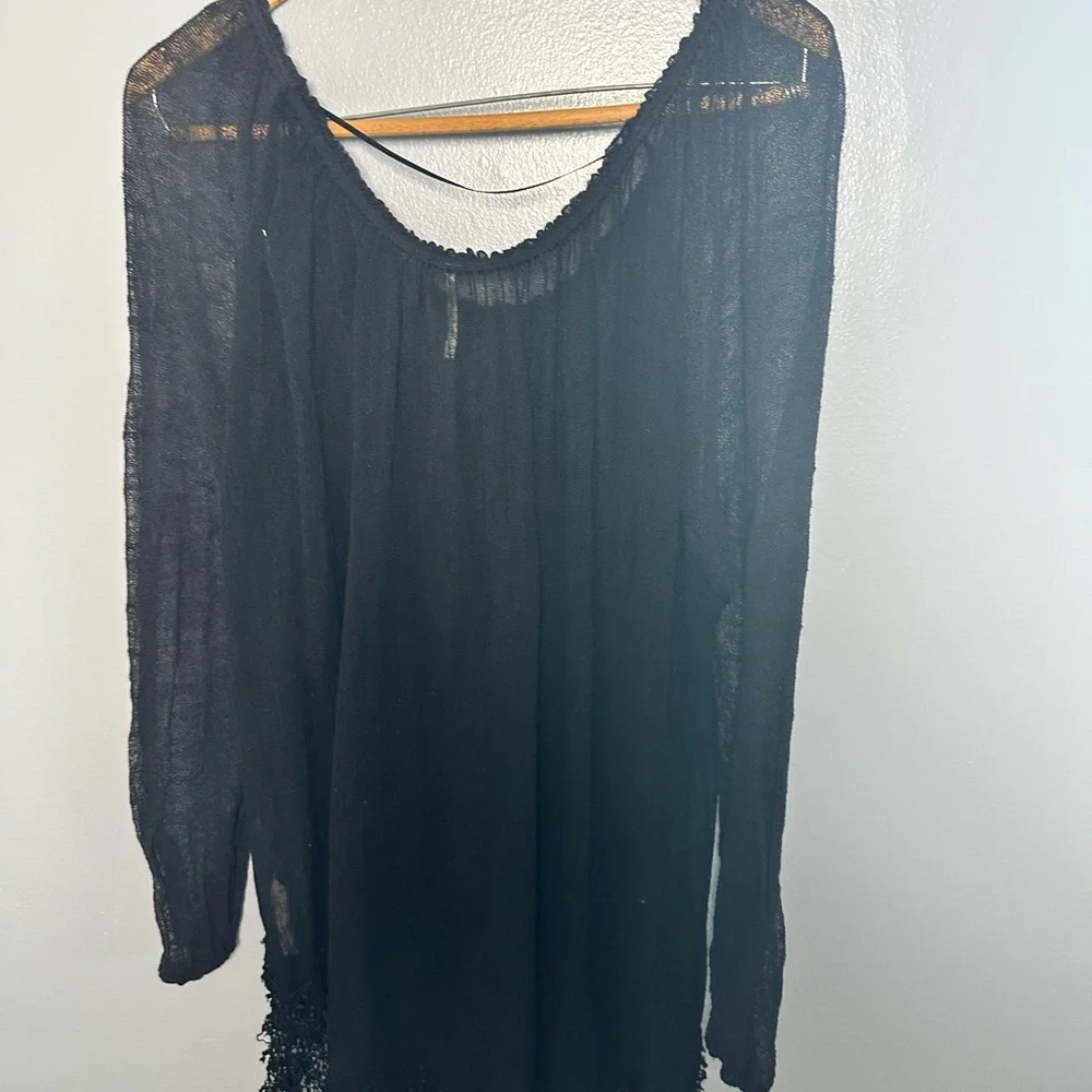 Free People Black Sheer Off-Shoulder Dress Crochet Oversized SP